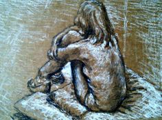 Seated Woman, clasping knees 13 ¾" x 10" Chalk and charcoal on brown paper Signed but not dated by