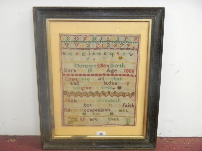 F/G Victorian Sampler - Florence Ellen North aged 12 1888