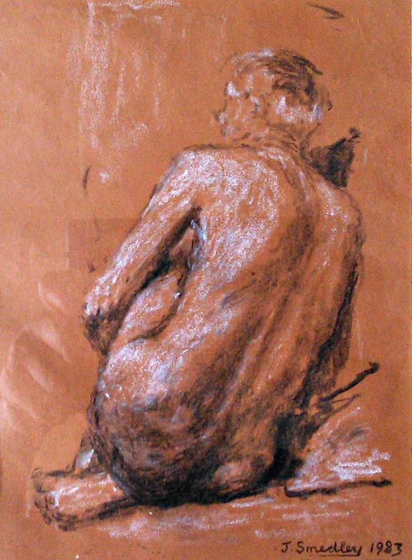 Male nude, seated, back view Framed and glazed, 7 ¾"x 5 ¾" Chalk, charcoal on coloured paper