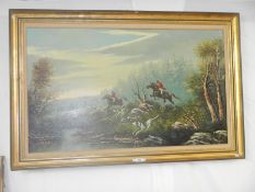 Oil on canvas of a hunting scene signed Sanchez