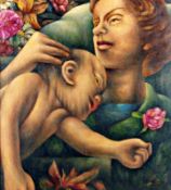 Mother and Child with flowers, Framed, oil on canvas 20" x 18" Initialled but not dated by Joseph