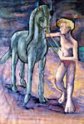 Boy with Blonde Hair Leading a Horse 29 ½" x 20" Egg Tempera on paper Signed and dated 1955 by