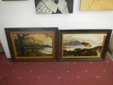 good pair of oils on canvas, lake scene and mountain and lake scene
