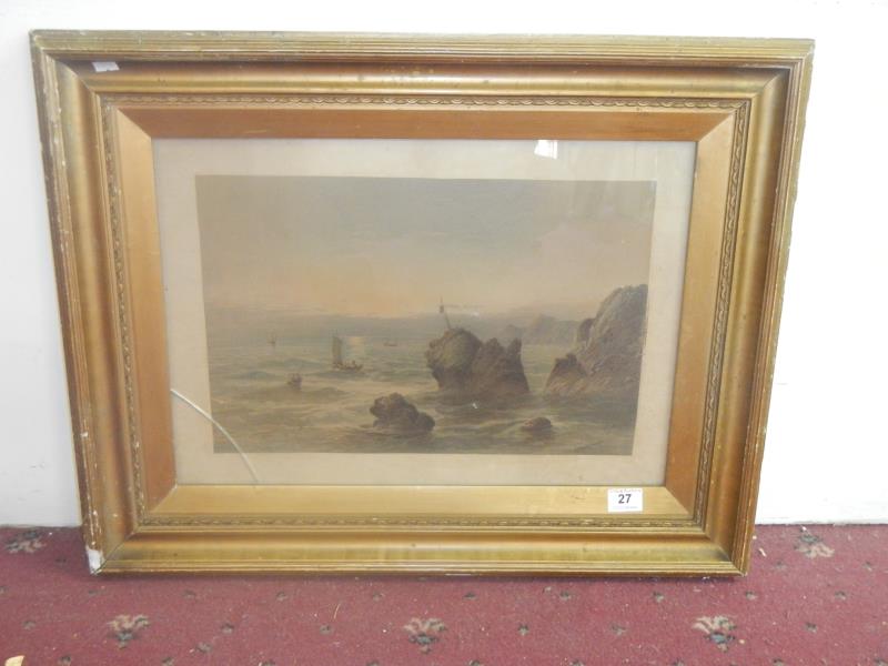 19thC lithograph 'Coastal Headland' W.H. Vernon facsimilie signed (glass a/f)