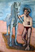 Boy with Grey Hair Leading a Horse 29 ½" x 20" Egg Tempera on paper Signed and dated 1950 by