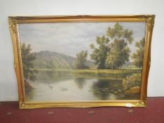Late 20th C on canvas of swans on lake, gilded frame