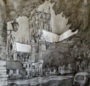 Lincoln Cathedral from Greetstone Steps 11" x 10 ¾" Pen, ink and grey wash on paper Signed and dated