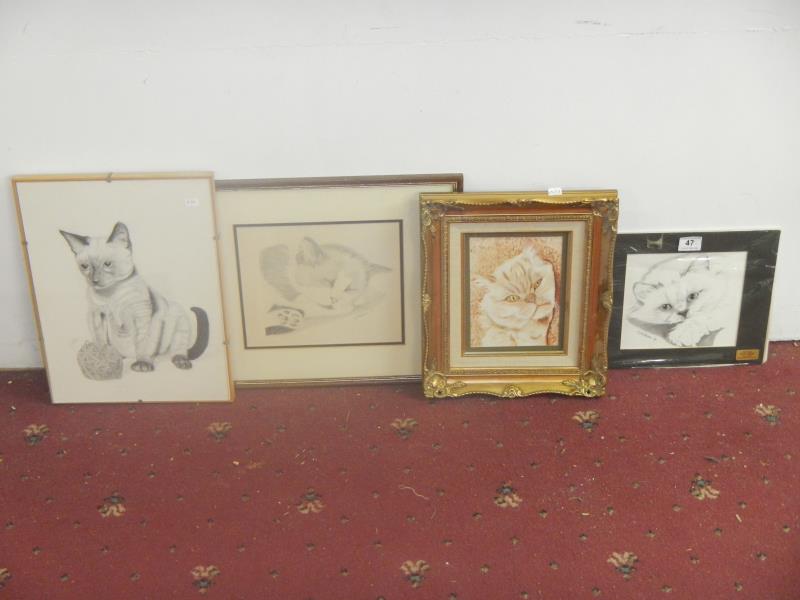 6 F/G pictures of cats including paintings signed Robson