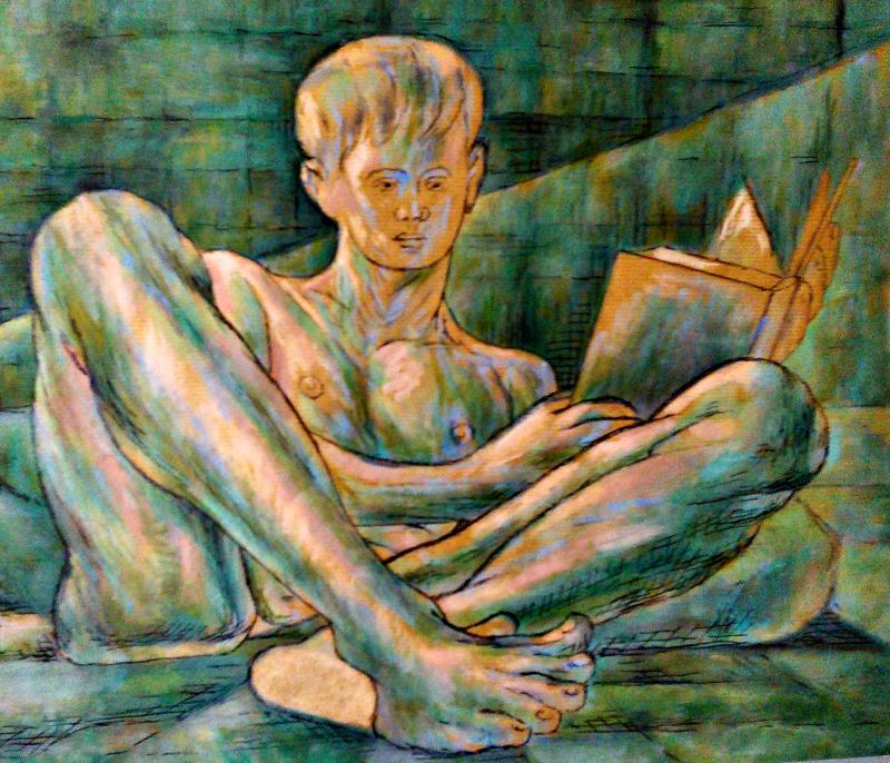 Male Nude reading, front view 18 ¾"x 15" Gouache on brown paper Signed and dated 2003 by Joseph