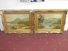 Pair of 19thC oils on canvas 'Cattle at lakes edge with Mountains beyond' and 'Rowing boat on