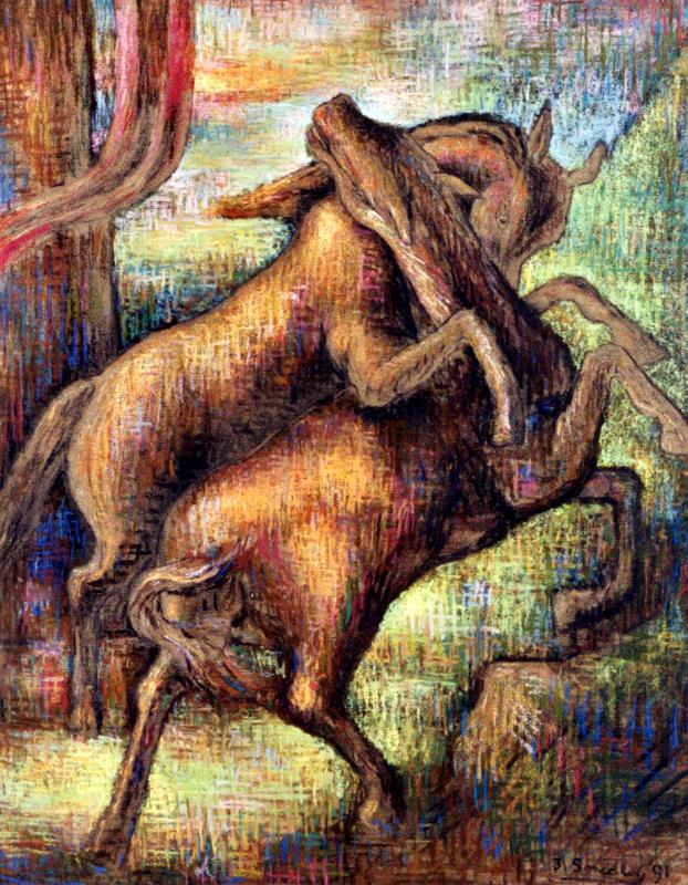 Fighting Horses Framed & glazed Pastel on pastel paper 23 ¾ x 18 ½" Signed and dated 1991 by