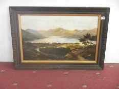 1920's oil on canvas, mountain and lake landscape