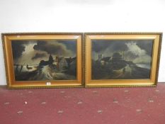 Pair of 19thC oil canvas village scenes by river, signed T W Parnaby