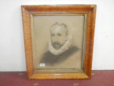 charcoal and pencil Victorian, birds eye maple framed portrait, Signed E.L.