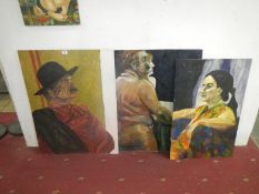 3 naive portrait paintings on board