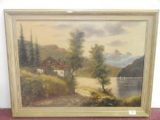 20thC Continental oil on canvas of dwelling by lake with mountains in the distance signed Mancini