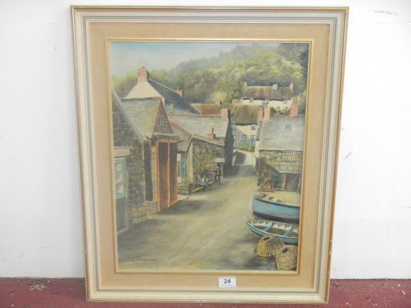 Oil on board Devon coastal village signed E J H Tripconey