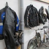 A quantity of motorcycle clothing including boots, leathers, jackets etc