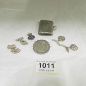 A HM silver vesta, 2 pairs of silver cuff links including kukri and 2 other silver items