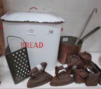 A mixed lot of vintage kitchen items including enamel bread bin