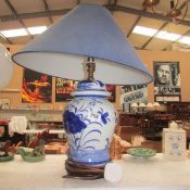 A blue and white pottery table lamp with shade