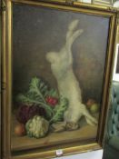 An oil on canvas still life of hare with vegetables, signed but indistinct