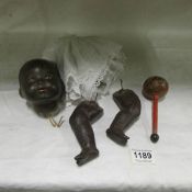 A vintage black doll marked Germany 241 - 2 7/4, a/f and an old rattle