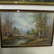 An oil on canvas landscape forest with river in foreground signed H Carrez