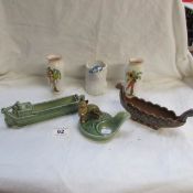 6 items of Wade being pair of vases, bird on stump, viking ship, sand barge, bird on stump and