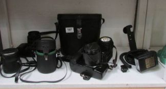 A mixed lot of cameras, binoculars, lenses etc including Canon EOS 1000F