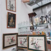 3 framed and glazed Oriental scenes with bird and 2 with junks