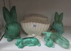 3 Sylvac rabbits, a Sylvac dog posy bowl and 3 Sylvac plant bowls