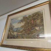 A framed and glazed watercolour 'Thatched Cottage with Woman and Children in the foreground'