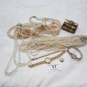A bone box, silver jewellery, pearls etc
