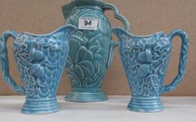 A large blue Wade jug and 2 smaller examples