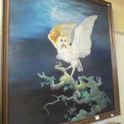An oil on board of an owl with mouse in moonlight by William Henry King 1992