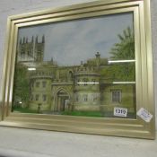 An oil painting of Lincoln Cathedral towers from castle grounds