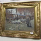 An oil on canvas Paris market scene signed M Caid
