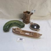 A Wade sandbarge, swallow on stump posy holder, U shaped posy holder and flower ashtray