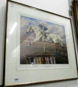 A framed and glazed Desert Orchid limited edition print signed by the artist, jockey and trainer