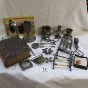 A mixed lot including Victorian photo album, knife rests, silver plate etc