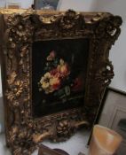 A gilt framed floral still life print by J Arellano, slightly a/f
