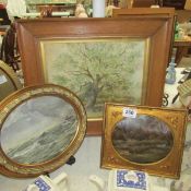 3 19th century watercolours being sheep on fell in oak frame, gilt framed sheep on fell and