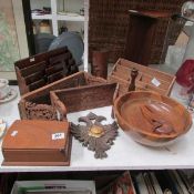A mixed lot of wooden items including book stands, salad bowl etc