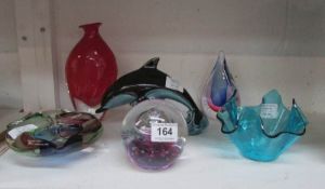 A mixed lot of glass items including large paperweight and a Poole dolphin