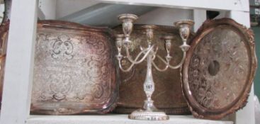 3 silver plated trays and a candelabra