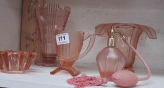A quantity of Art Deco pink glass with perfume attomiser