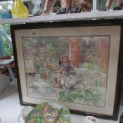 A framed and glazed girl in garden scene