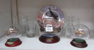 A model Vulcan, Spitfire and Lancaster all in glass globes and 3 etched aircraft related glasses and