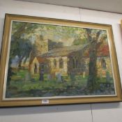 A framed palette oil on canvas 'Village Church' signed but indistinct